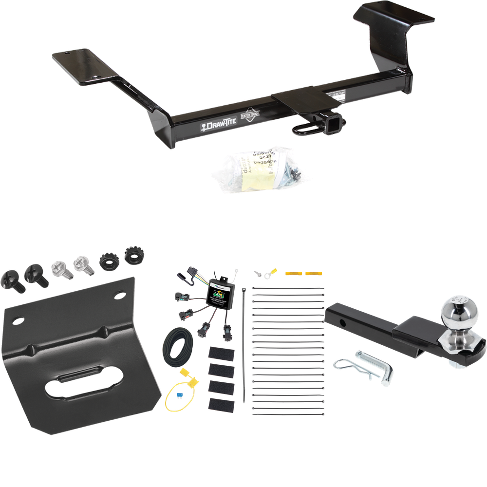 Fits 2001-2003 Oldsmobile Aurora Trailer Hitch Tow PKG w/ 4-Flat Zero Contact "No Splice" Wiring Harness + Interlock Starter Kit w/ 2" Ball 1-1/4" Drop 3/4" Rise + Wiring Bracket By Draw-Tite