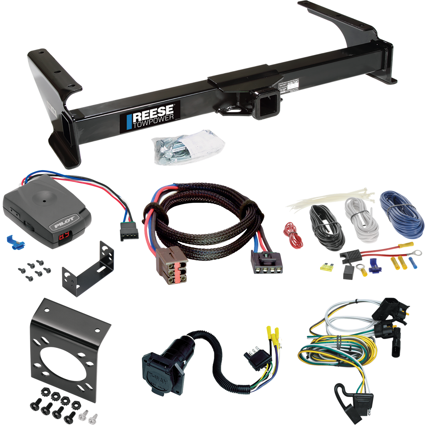 Fits 1995-2002 Ford E-350 Econoline Trailer Hitch Tow PKG w/ Pro Series Pilot Brake Control + Plug & Play BC Adapter + 7-Way RV Wiring By Reese Towpower