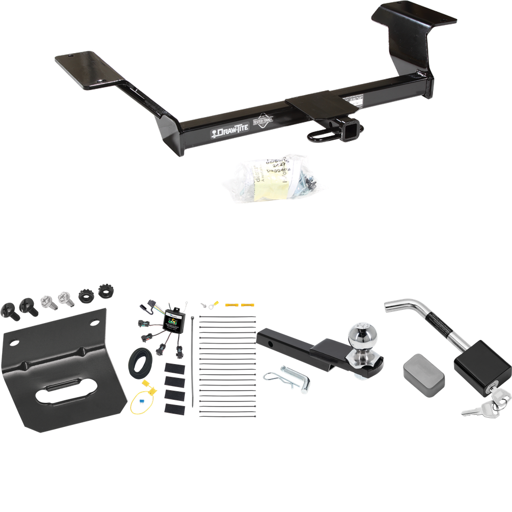 Fits 2000-2005 Pontiac Bonneville Trailer Hitch Tow PKG w/ 4-Flat Zero Contact "No Splice" Wiring Harness + Interlock Starter Kit w/ 2" Ball 1-1/4" Drop 3/4" Rise + Wiring Bracket + Hitch Lock By Draw-Tite