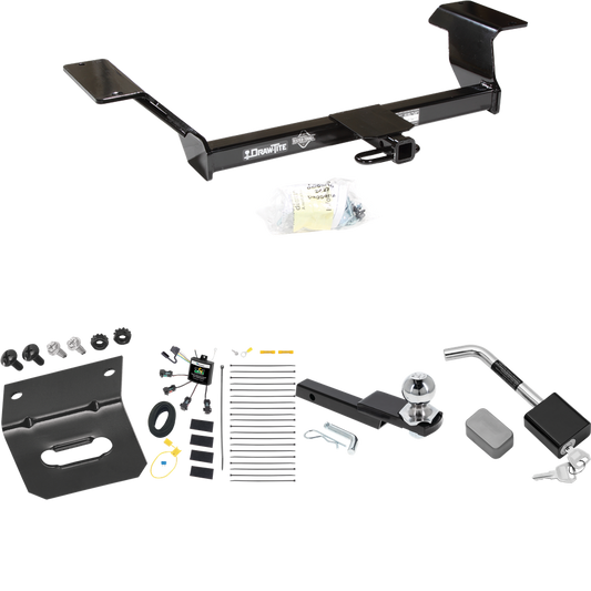 Fits 2000-2005 Pontiac Bonneville Trailer Hitch Tow PKG w/ 4-Flat Zero Contact "No Splice" Wiring Harness + Interlock Starter Kit w/ 2" Ball 1-1/4" Drop 3/4" Rise + Wiring Bracket + Hitch Lock By Draw-Tite