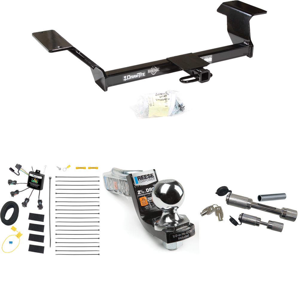 Fits 2000-2005 Pontiac Bonneville Trailer Hitch Tow PKG w/ 4-Flat Zero Contact "No Splice" Wiring Harness + Interlock Starter Kit w/ 2" Ball 2-1/2" Drop 2" Rise + Dual Hitch & Coupler Locks By Draw-Tite