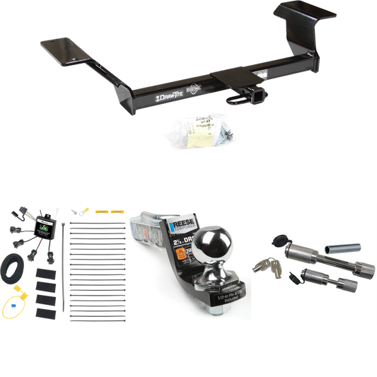 Fits 2000-2005 Pontiac Bonneville Trailer Hitch Tow PKG w/ 4-Flat Zero Contact "No Splice" Wiring Harness + Interlock Starter Kit w/ 2" Ball 2-1/2" Drop 2" Rise + Dual Hitch & Coupler Locks By Draw-Tite