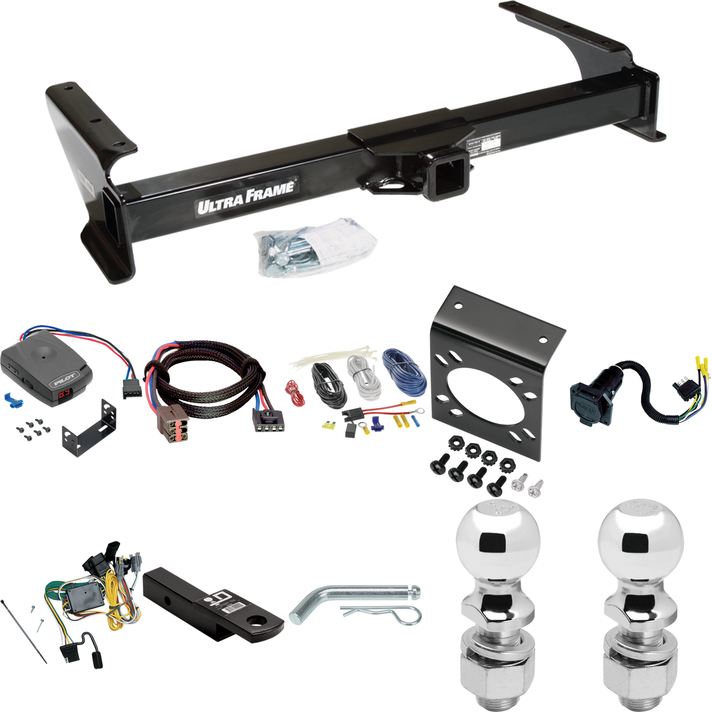 Fits 1992-1994 Ford E-250 Econoline Trailer Hitch Tow PKG w/ Pro Series Pilot Brake Control + Plug & Play BC Adapter + 7-Way RV Wiring + 2" & 2-5/16" Ball & Drop Mount By Draw-Tite