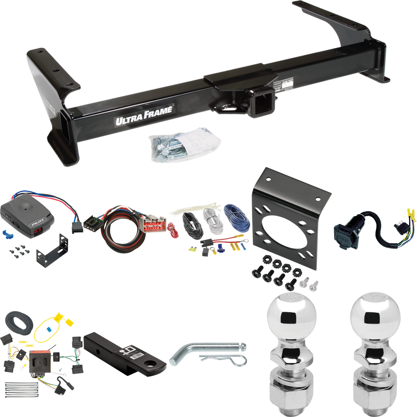 Fits 2009-2014 Ford E-250 Econoline Trailer Hitch Tow PKG w/ Pro Series Pilot Brake Control + Plug & Play BC Adapter + 7-Way RV Wiring + 2" & 2-5/16" Ball & Drop Mount By Draw-Tite