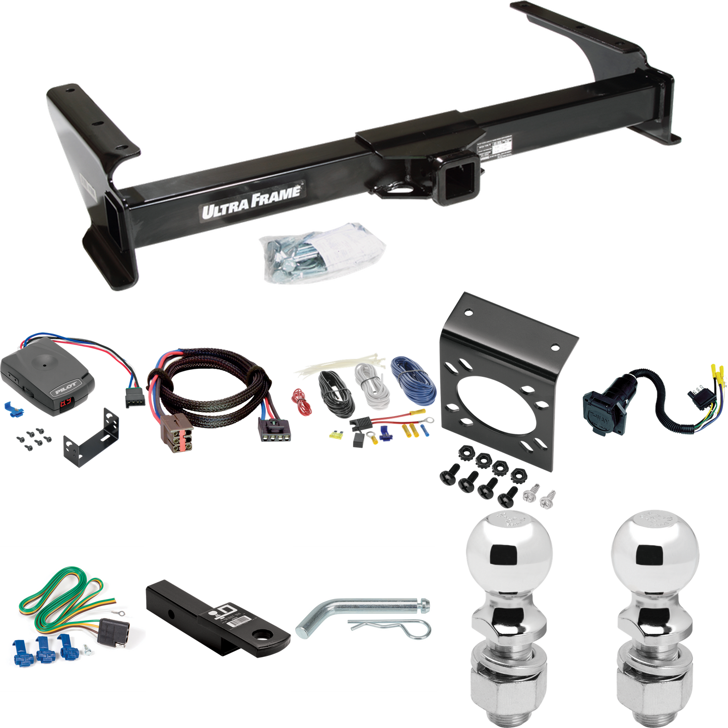 Fits 2003-2007 Ford E-250 Econoline Trailer Hitch Tow PKG w/ Pro Series Pilot Brake Control + Plug & Play BC Adapter + 7-Way RV Wiring + 2" & 2-5/16" Ball & Drop Mount By Draw-Tite