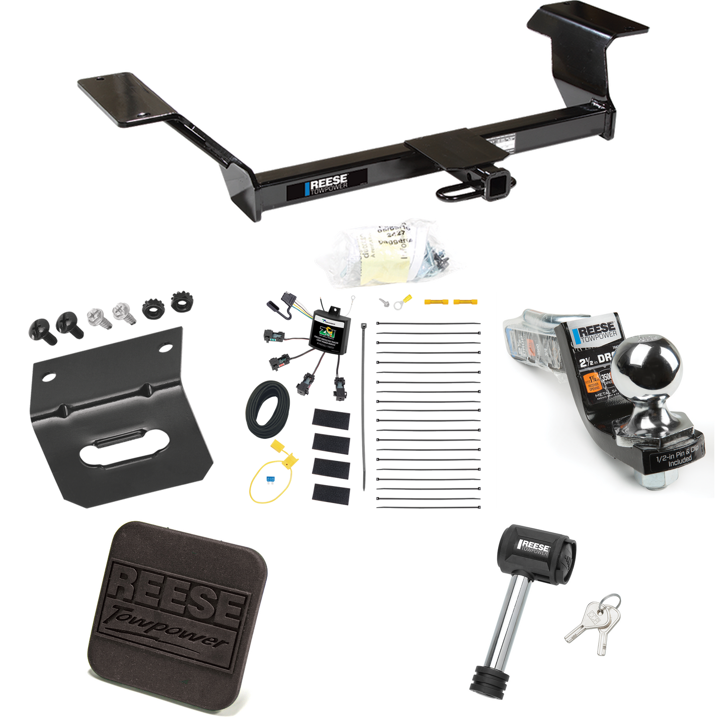 Fits 2000-2005 Buick LeSabre Trailer Hitch Tow PKG w/ 4-Flat Zero Contact "No Splice" Wiring Harness + Interlock Starter Kit w/ 2" Ball 2-1/2" Drop 2" Rise + Wiring Bracket + Hitch Cover + Hitch Lock By Reese Towpower