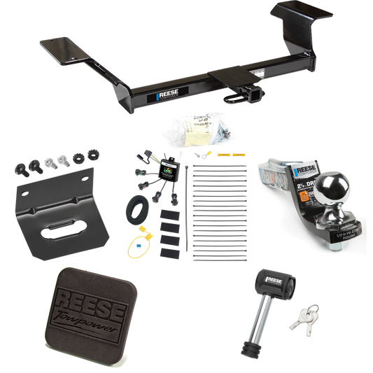 Fits 2000-2005 Buick LeSabre Trailer Hitch Tow PKG w/ 4-Flat Zero Contact "No Splice" Wiring Harness + Interlock Starter Kit w/ 2" Ball 2-1/2" Drop 2" Rise + Wiring Bracket + Hitch Cover + Hitch Lock By Reese Towpower