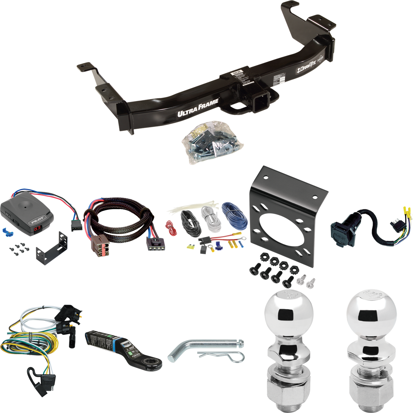 Fits 2000-2002 Ford E-350 Econoline Trailer Hitch Tow PKG w/ Pro Series Pilot Brake Control + Plug & Play BC Adapter + 7-Way RV Wiring + 2" & 2-5/16" Ball & Drop Mount By Draw-Tite