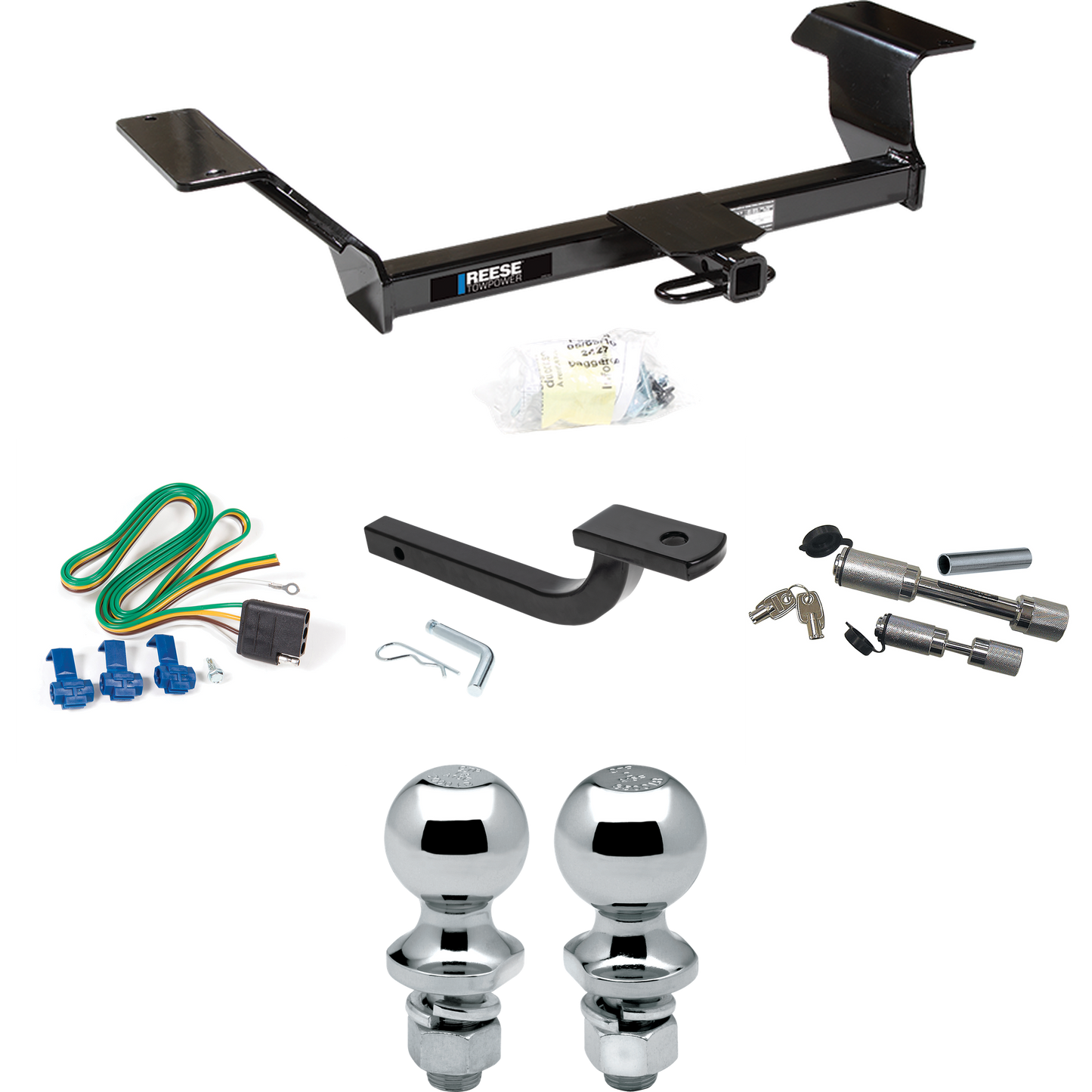 Se adapta al paquete de enganche de remolque Buick Lucerne 2006-2009 con arnés de cableado de 4 planos + barra de tracción + bola de 1-7/8" + 2" + enganche doble y cerraduras de acoplador (excluye: modelos de edición súper y especial) de Reese Towpower