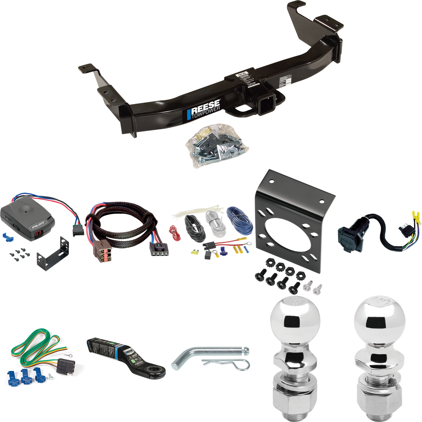 Fits 2003-2007 Ford E-250 Econoline Trailer Hitch Tow PKG w/ Pro Series Pilot Brake Control + Plug & Play BC Adapter + 7-Way RV Wiring + 2" & 2-5/16" Ball & Drop Mount By Reese Towpower