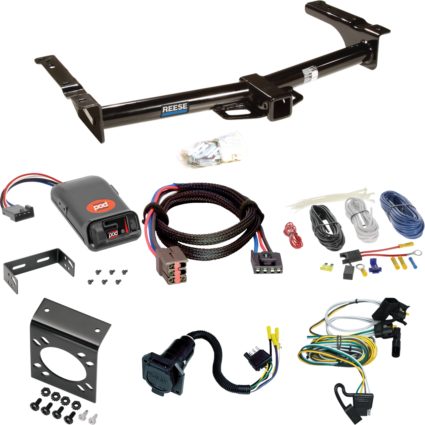 Fits 1995-2002 Ford E-250 Econoline Trailer Hitch Tow PKG w/ Pro Series POD Brake Control + Plug & Play BC Adapter + 7-Way RV Wiring By Reese Towpower