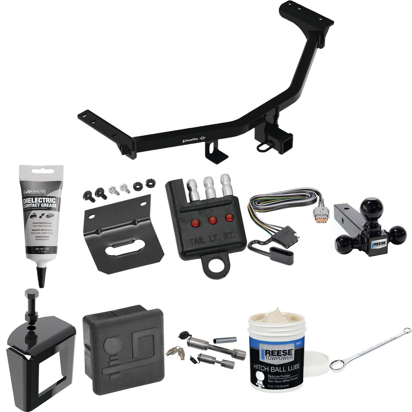 Fits 2022-2022 Infiniti QX60 Trailer Hitch Tow PKG w/ 4-Flat Wiring + Triple Ball Ball Mount 1-7/8" & 2" & 2-5/16" Trailer Balls + Wiring Bracket + Hitch Cover + Dual Hitch & Coupler Locks + Wiring Tester + Ball Lube + Electric Grease + Ball Wrench +