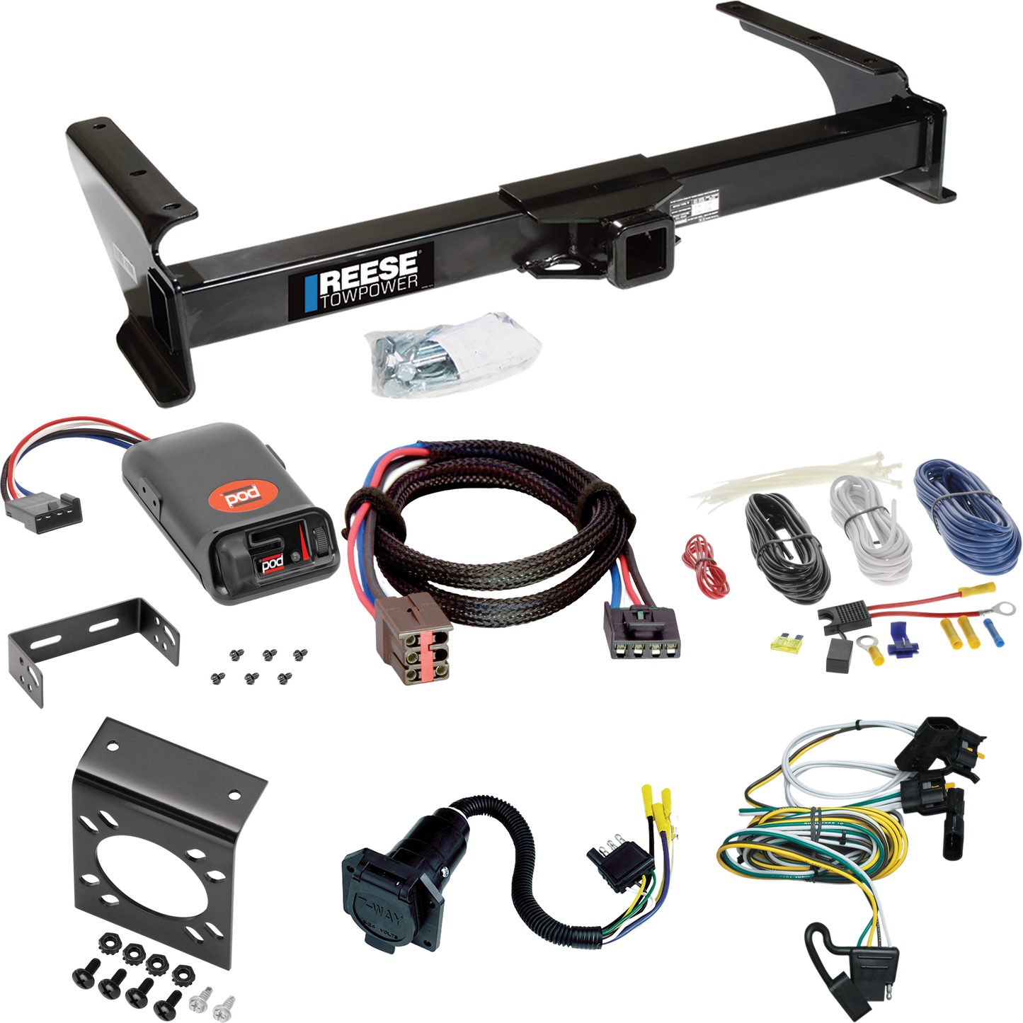 Fits 1995-2002 Ford E-250 Econoline Trailer Hitch Tow PKG w/ Pro Series POD Brake Control + Plug & Play BC Adapter + 7-Way RV Wiring By Reese Towpower