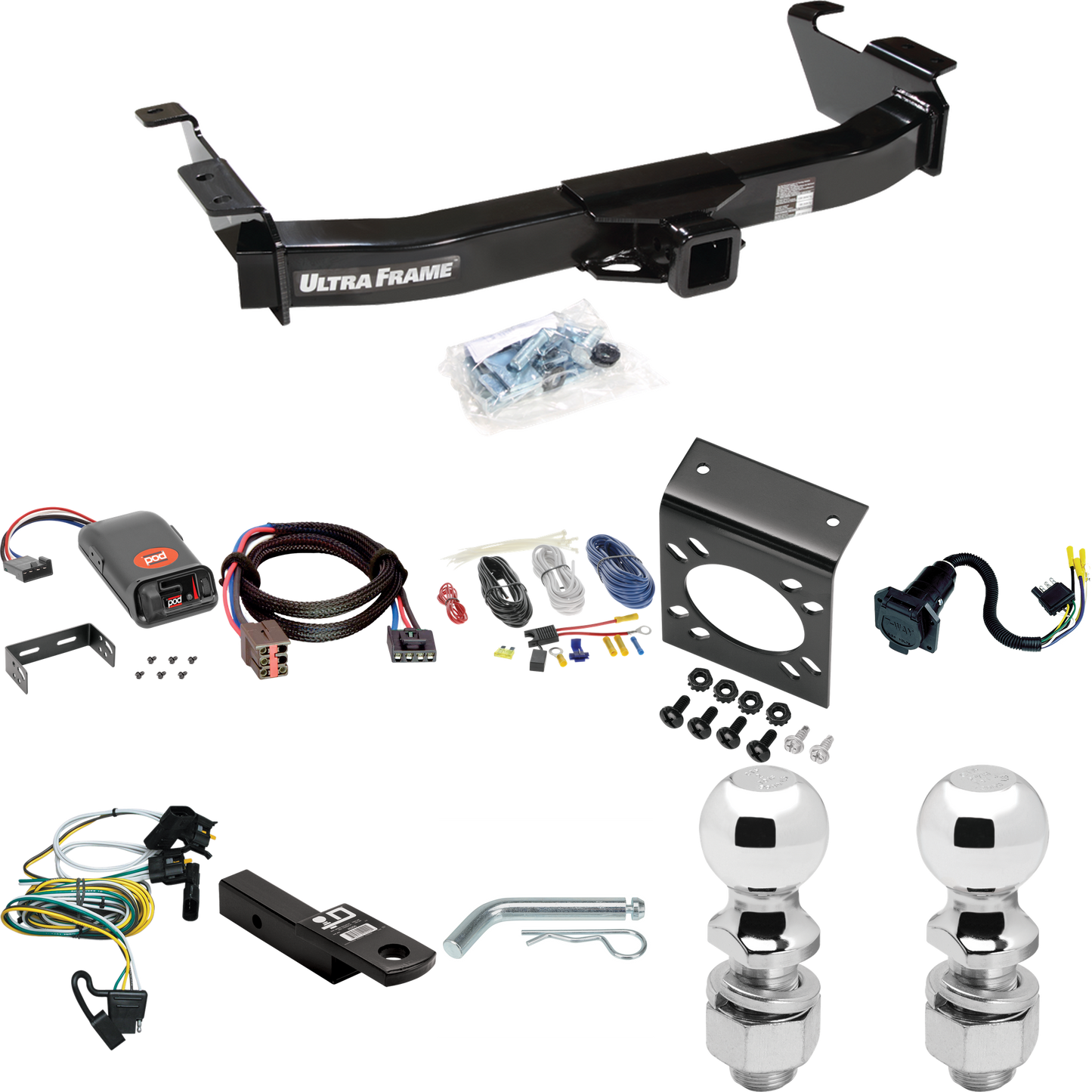 Se adapta al paquete de enganche de remolque Ford E-350 Econoline 2000-2002 con control de freno POD serie Pro + adaptador BC Plug &amp; Play + cableado RV de 7 vías + soporte de bola y caída de 2" y 2-5/16" de Draw-Tite