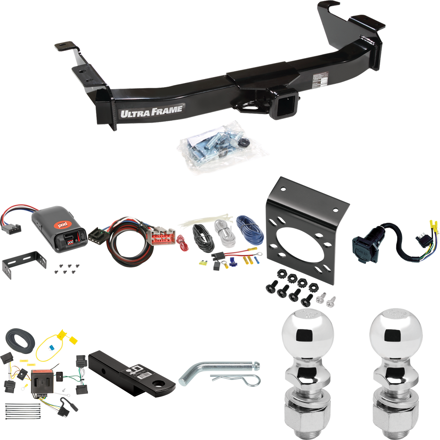 Se adapta al paquete de enganche de remolque Ford E-150 Econoline 2009-2014 con control de freno POD serie Pro + adaptador BC Plug &amp; Play + cableado RV de 7 vías + soporte de bola y caída de 2" y 2-5/16" de Draw-Tite