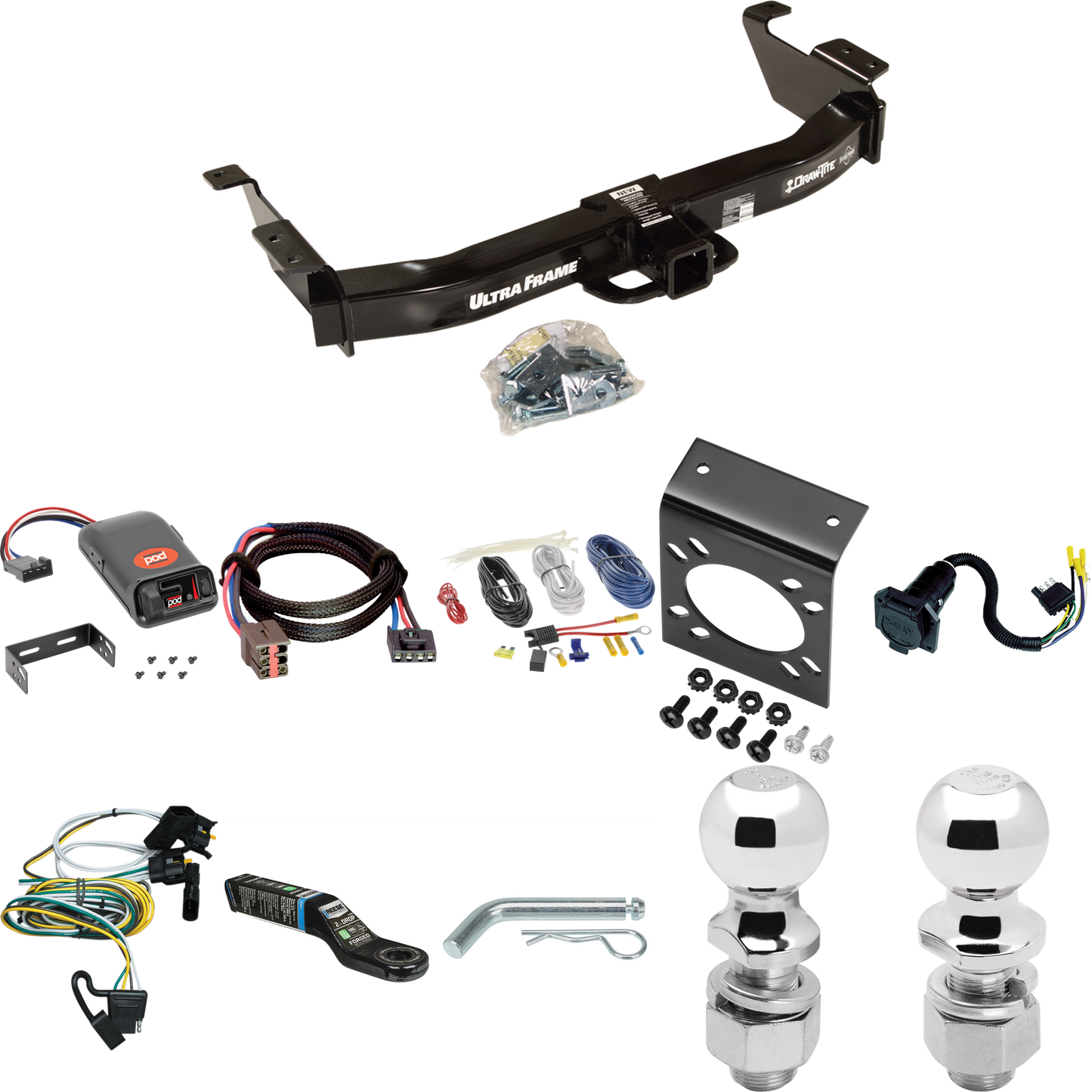 Se adapta al paquete de enganche de remolque Ford E-150 Econoline 2000-2002 con control de freno POD serie Pro + adaptador BC Plug &amp; Play + cableado RV de 7 vías + soporte de bola y caída de 2" y 2-5/16" de Draw-Tite