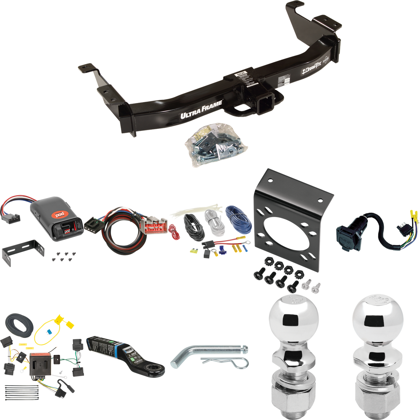 Fits 2009-2014 Ford E-250 Econoline Trailer Hitch Tow PKG w/ Pro Series POD Brake Control + Plug & Play BC Adapter + 7-Way RV Wiring + 2" & 2-5/16" Ball & Drop Mount By Draw-Tite