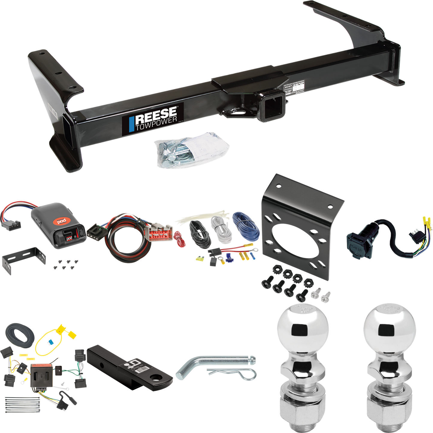 Fits 2009-2014 Ford E-250 Econoline Trailer Hitch Tow PKG w/ Pro Series POD Brake Control + Plug & Play BC Adapter + 7-Way RV Wiring + 2" & 2-5/16" Ball & Drop Mount By Reese Towpower