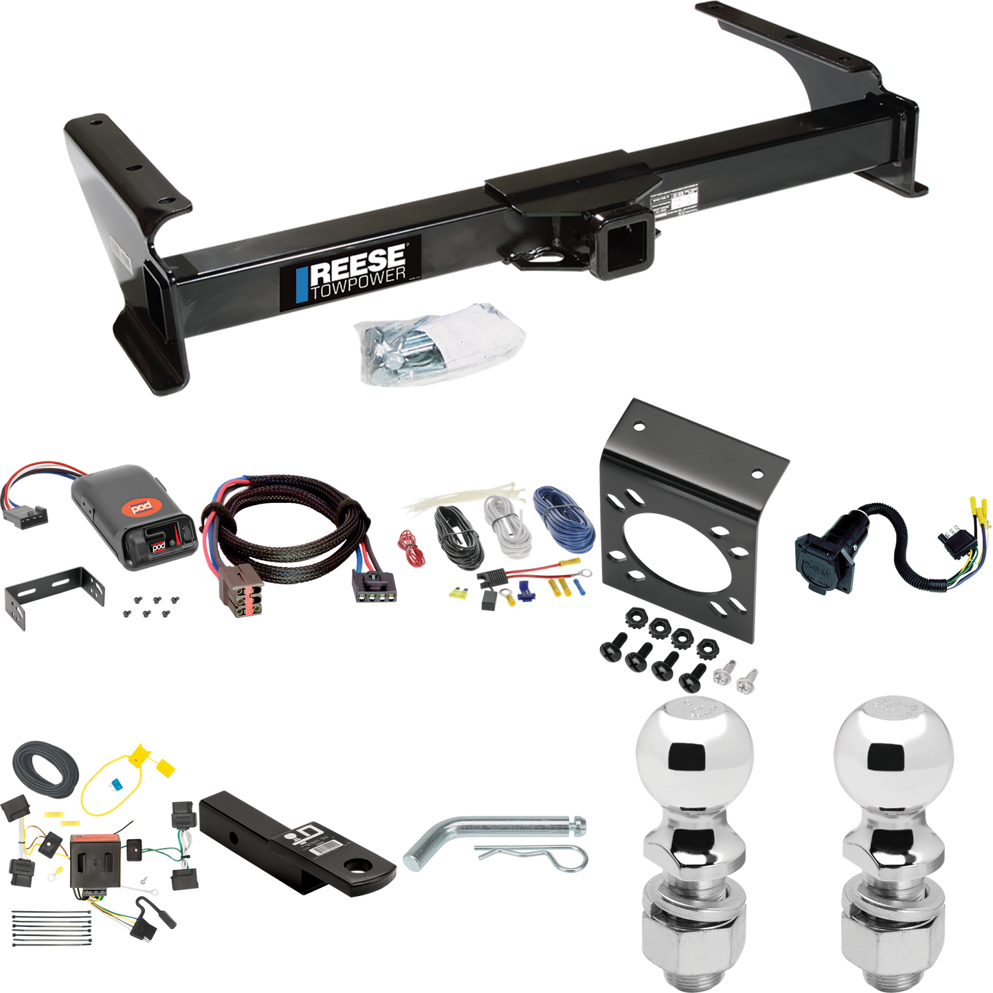 Fits 2008-2008 Ford E-250 Econoline Trailer Hitch Tow PKG w/ Pro Series POD Brake Control + Plug & Play BC Adapter + 7-Way RV Wiring + 2" & 2-5/16" Ball & Drop Mount By Reese Towpower