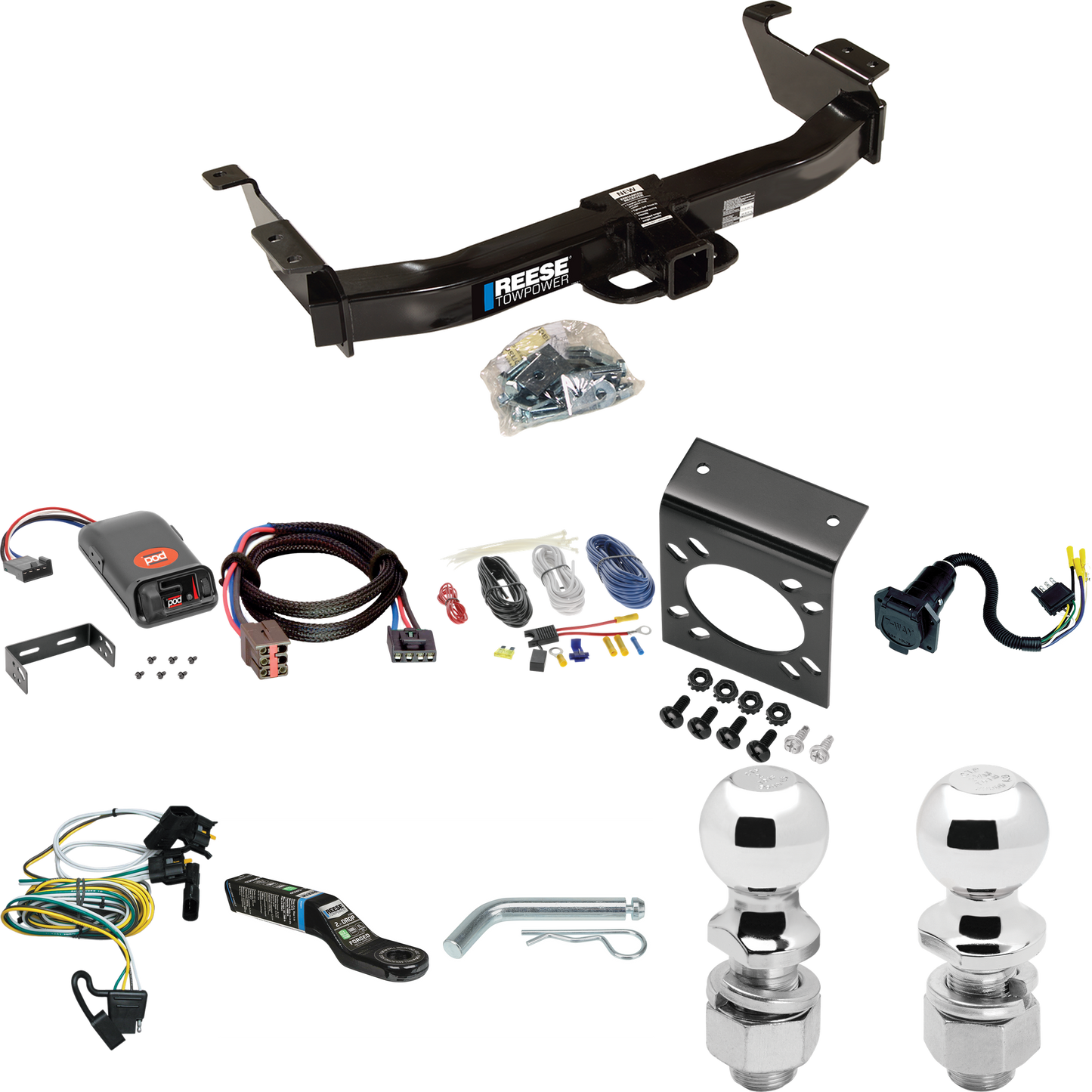 Fits 2000-2002 Ford E-350 Econoline Trailer Hitch Tow PKG w/ Pro Series POD Brake Control + Plug & Play BC Adapter + 7-Way RV Wiring + 2" & 2-5/16" Ball & Drop Mount By Reese Towpower