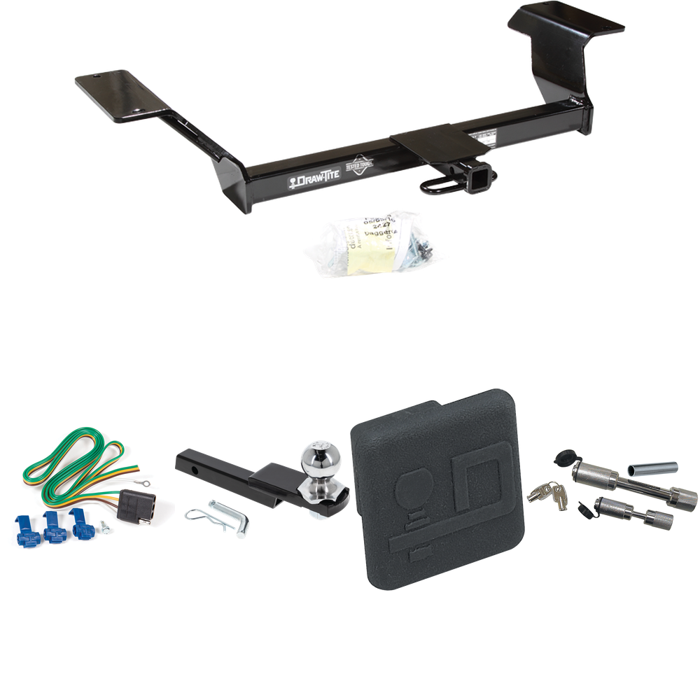 Fits 2006-2009 Buick Lucerne Trailer Hitch Tow PKG w/ 4-Flat Wiring Harness + Interlock Starter Kit w/ 2" Ball 1-1/4" Drop 3/4" Rise + Hitch Cover + Dual Hitch & Coupler Locks (Excludes: Super & Special Edition Models) By Draw-Tite