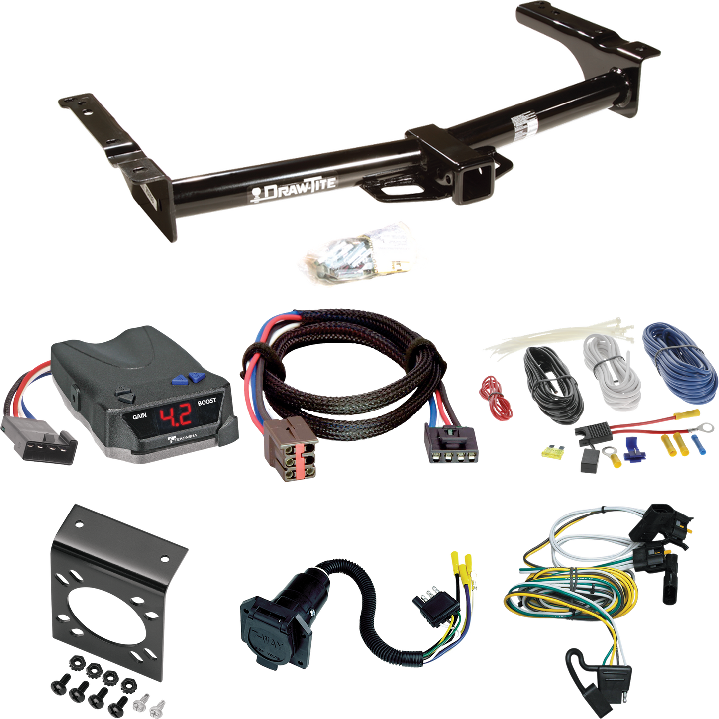 Fits 1995-2002 Ford E-350 Econoline Trailer Hitch Tow PKG w/ Tekonsha BRAKE-EVN Brake Control + Plug & Play BC Adapter + 7-Way RV Wiring By Draw-Tite