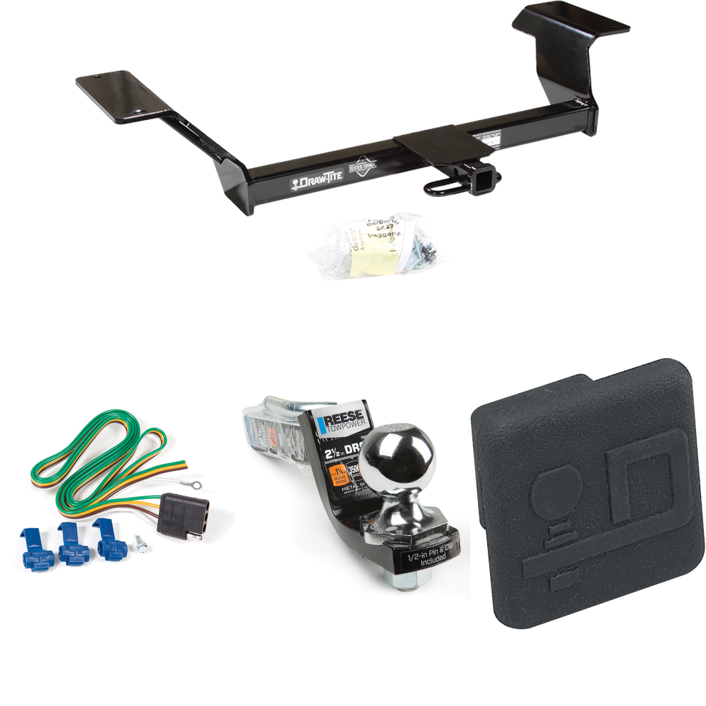 Fits 2006-2009 Buick Lucerne Trailer Hitch Tow PKG w/ 4-Flat Wiring Harness + Interlock Starter Kit w/ 2" Ball 2-1/2" Drop 2" Rise + Hitch Cover (Excludes: Super & Special Edition Models) By Draw-Tite