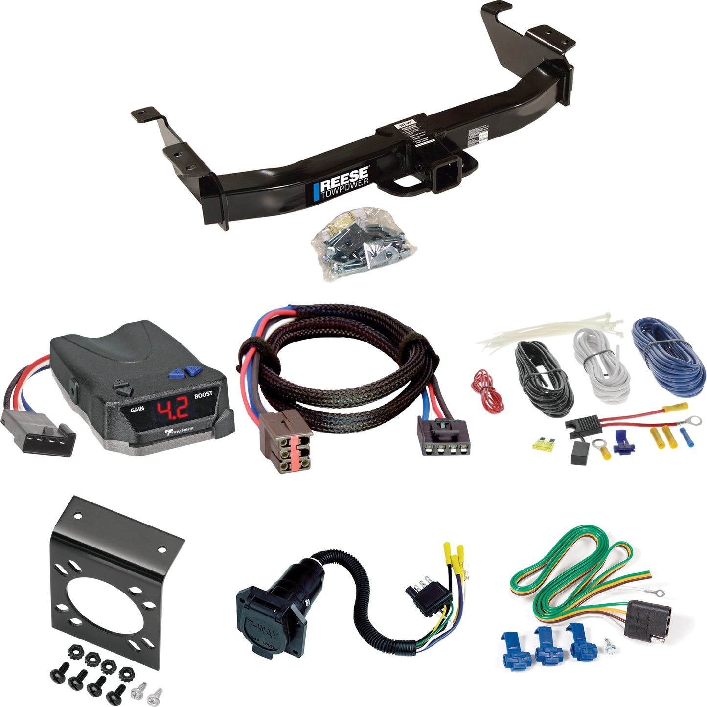 Fits 2003-2007 Ford E-150 Econoline Trailer Hitch Tow PKG w/ Tekonsha BRAKE-EVN Brake Control + Plug & Play BC Adapter + 7-Way RV Wiring By Reese Towpower