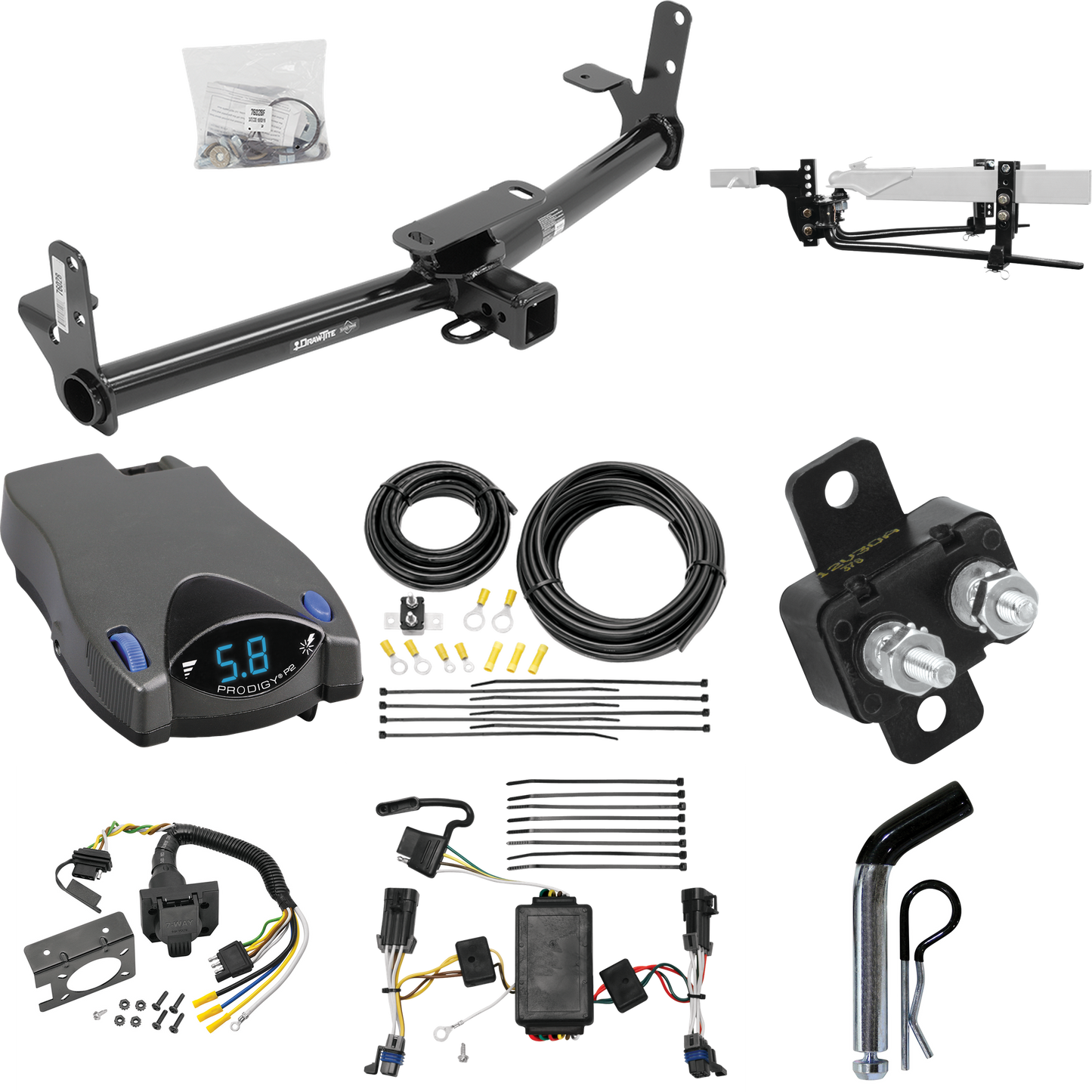 Fits 2002-2007 Saturn Vue Trailer Hitch Tow PKG w/ 8K Round Bar Weight Distribution Hitch w/ 2-5/16" Ball + Pin/Clip + Tekonsha Prodigy P2 Brake Control + 7-Way RV Wiring (Excludes: Redline Models) By Draw-Tite