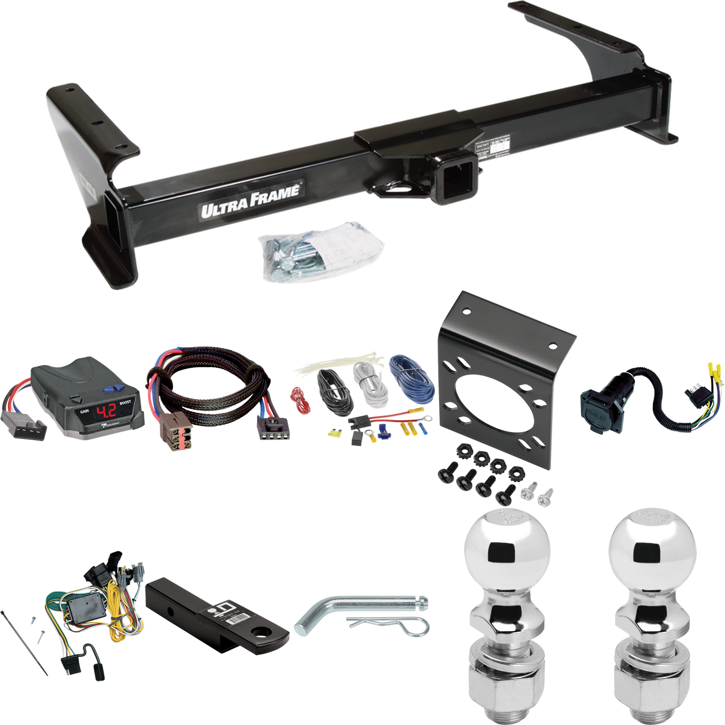 Fits 1992-1994 Ford E-350 Econoline Trailer Hitch Tow PKG w/ Tekonsha BRAKE-EVN Brake Control + Plug & Play BC Adapter + 7-Way RV Wiring + 2" & 2-5/16" Ball & Drop Mount By Draw-Tite