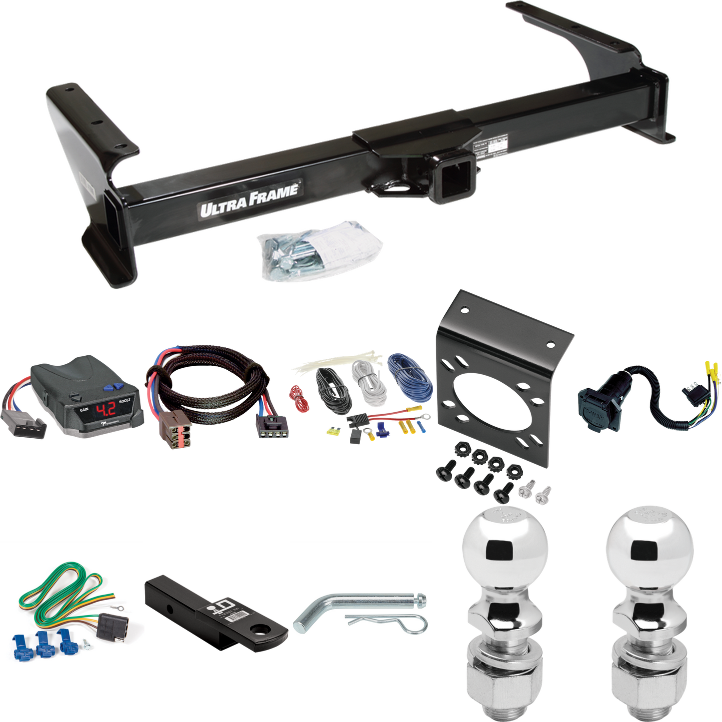 Fits 2003-2007 Ford E-150 Econoline Trailer Hitch Tow PKG w/ Tekonsha BRAKE-EVN Brake Control + Plug & Play BC Adapter + 7-Way RV Wiring + 2" & 2-5/16" Ball & Drop Mount By Draw-Tite