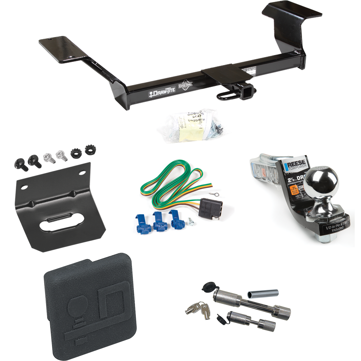 Fits 2006-2009 Buick Lucerne Trailer Hitch Tow PKG w/ 4-Flat Wiring Harness + Interlock Starter Kit w/ 2" Ball 2-1/2" Drop 2" Rise + Wiring Bracket + Hitch Cover + Dual Hitch & Coupler Locks (Excludes: Super & Special Edition Models) By Draw-Tite