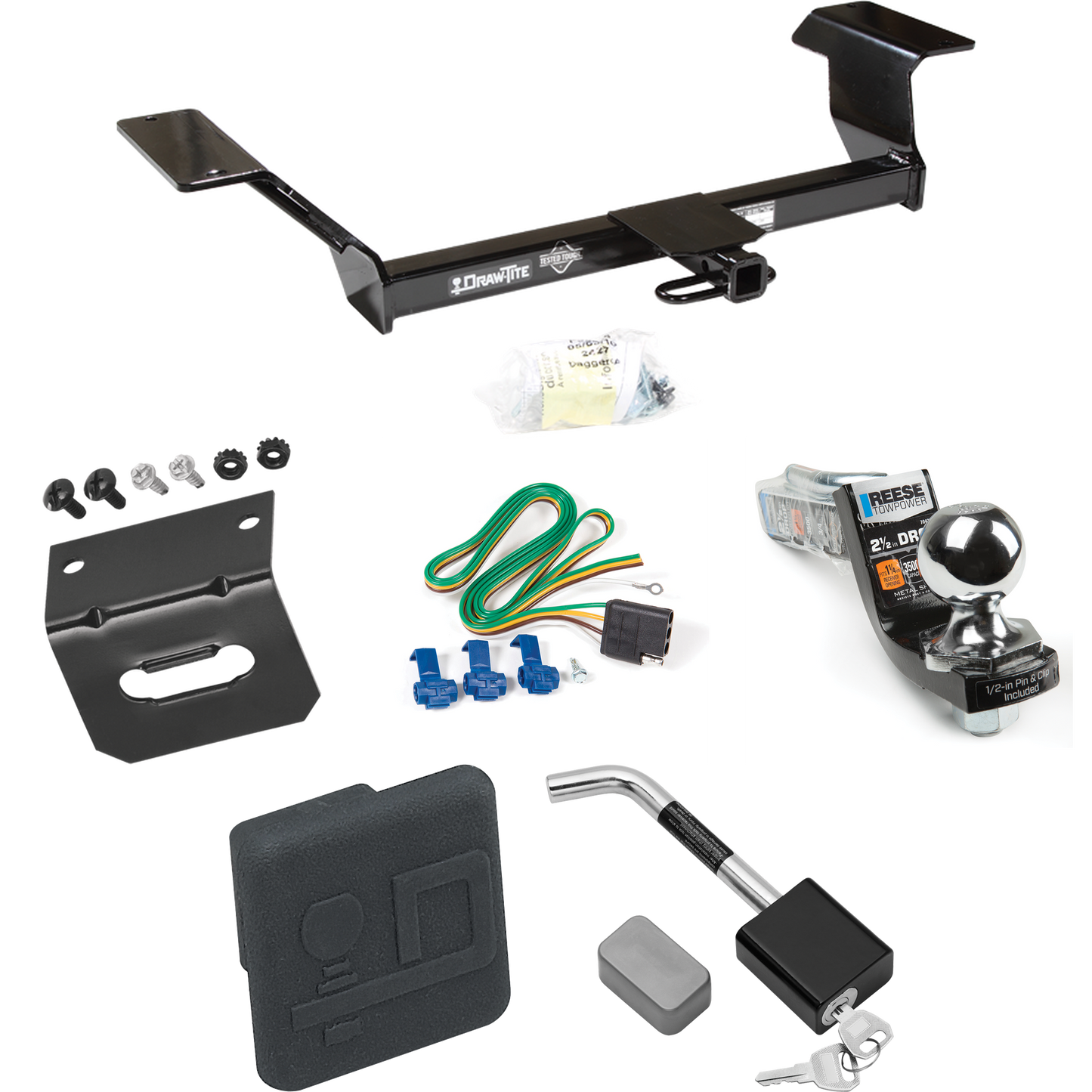 Fits 2006-2009 Buick Lucerne Trailer Hitch Tow PKG w/ 4-Flat Wiring Harness + Interlock Starter Kit w/ 2" Ball 2-1/2" Drop 2" Rise + Wiring Bracket + Hitch Cover + Hitch Lock (Excludes: Super & Special Edition Models) By Draw-Tite