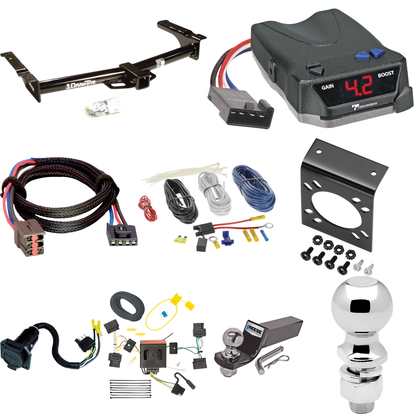 Se adapta al paquete de enganche de remolque Ford E-350 Econoline Super Duty 2008-2008 con control de freno Tekonsha BRAKE-EVN + adaptador BC Plug &amp; Play + cableado RV de 7 vías + soporte de bola y caída de 2" y 2-5/16" dibujar-tite