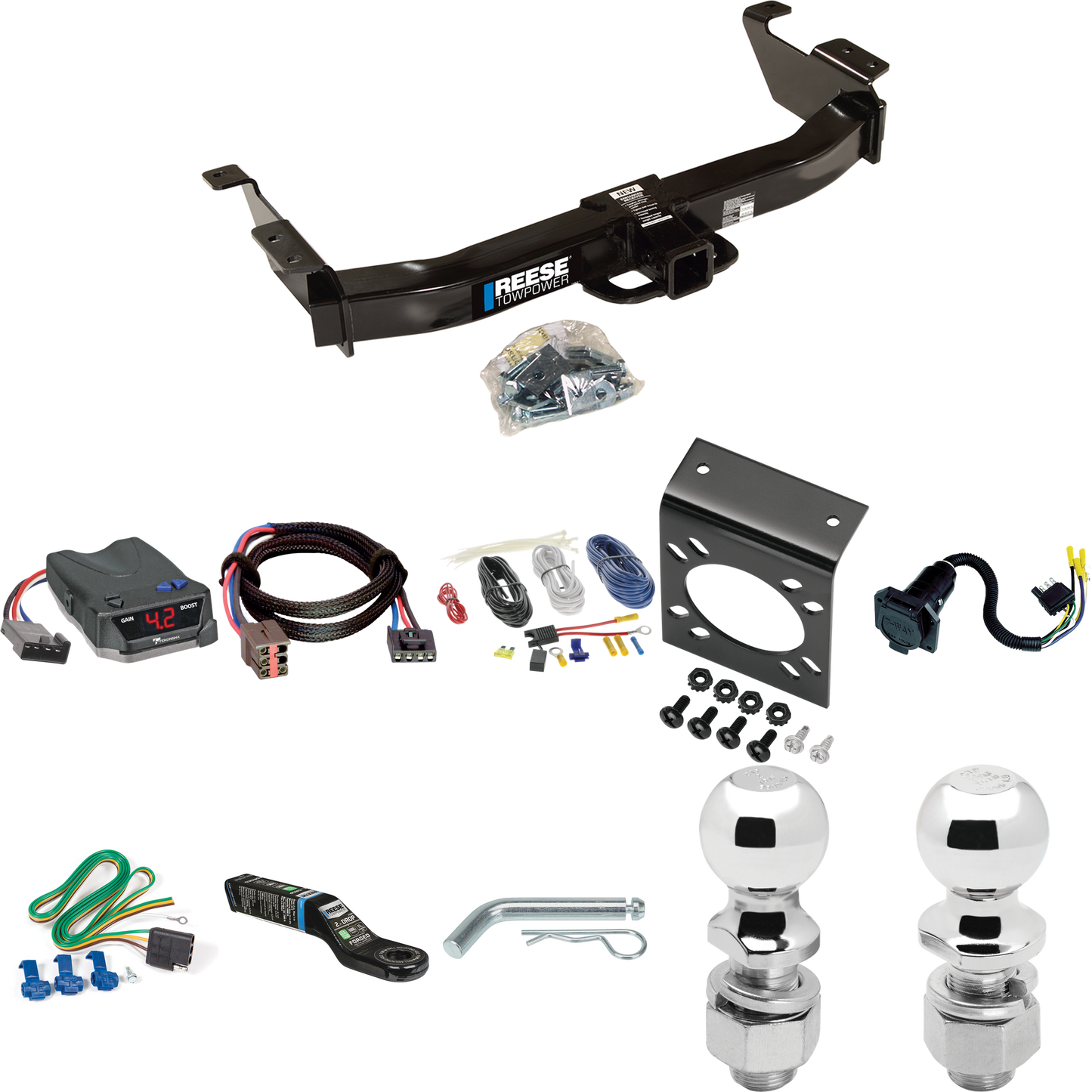 Fits 2003-2007 Ford E-350 Econoline Super Duty Trailer Hitch Tow PKG w/ Tekonsha BRAKE-EVN Brake Control + Plug & Play BC Adapter + 7-Way RV Wiring + 2" & 2-5/16" Ball & Drop Mount By Reese Towpower