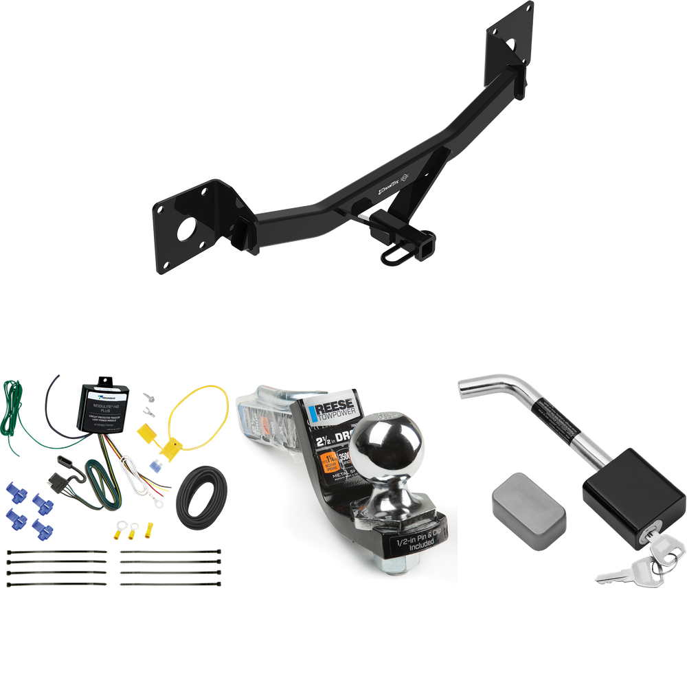 Fits 2016-2023 Chevrolet Malibu Trailer Hitch Tow PKG w/ 4-Flat Wiring Harness + Interlock Starter Kit w/ 2" Ball 2-1/2" Drop 2" Rise + Hitch Lock (For Premier (New Body Style) Models) By Draw-Tite