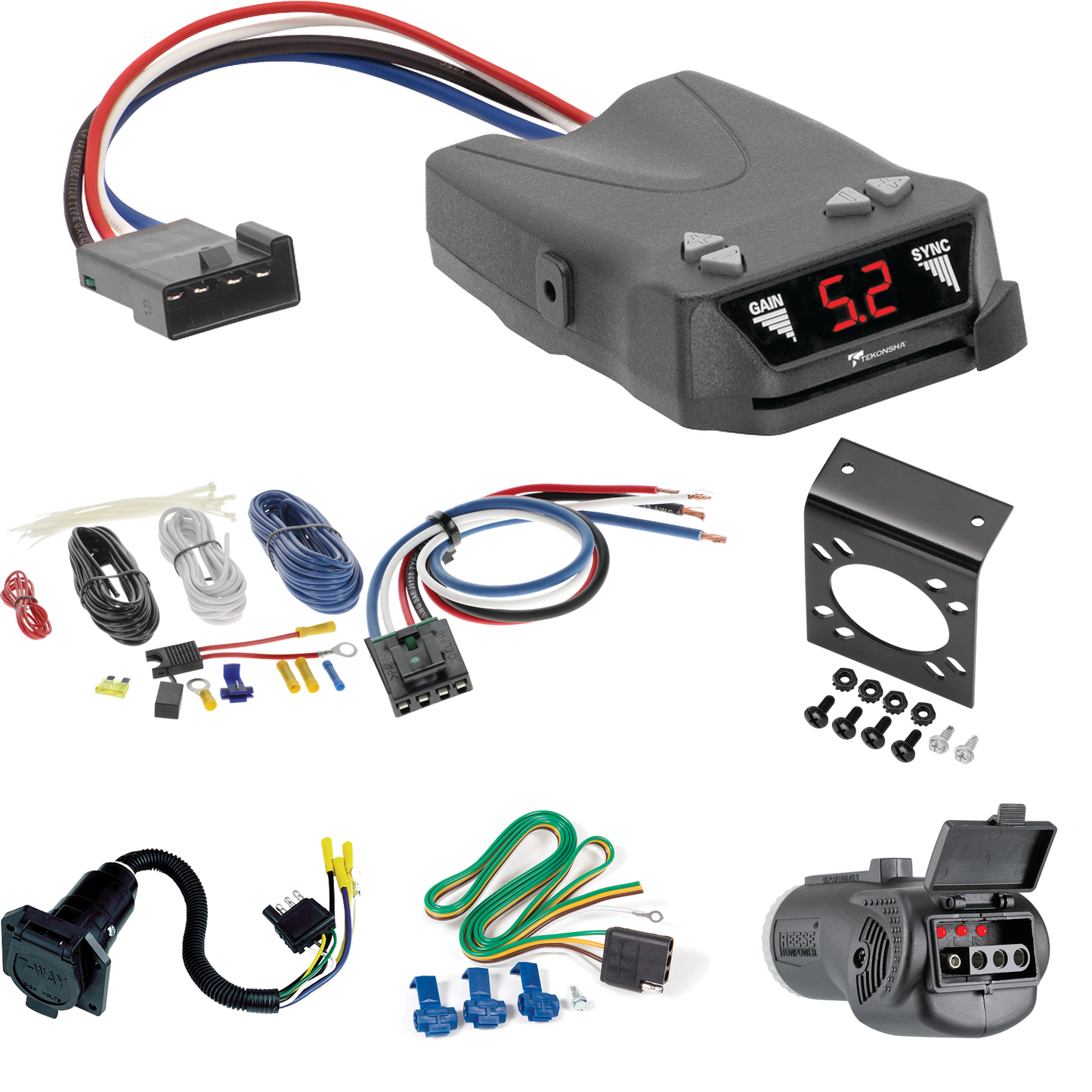 Para Dodge Caravan 1984-1990 cableado de 7 vías RV + control de freno Tekonsha Brakeman IV + adaptador de cableado BC genérico + probador 2 en 1 y adaptador de 7 a 4 vías de Reese Towpower