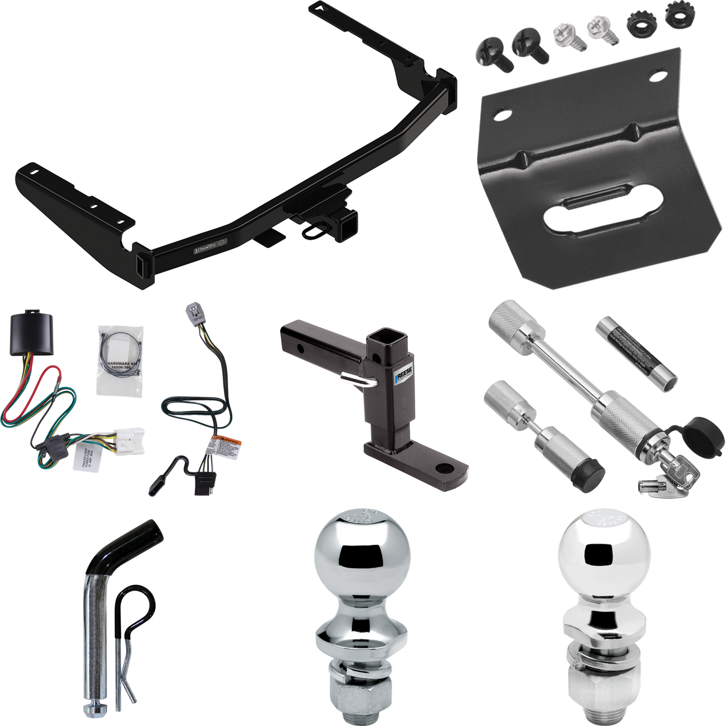 Fits 2020-2023 Toyota Highlander Trailer Hitch Tow PKG w/ 4-Flat Wiring Harness + Adjustable Drop Rise Ball Mount + Pin/Clip + 2" Ball + 1-7/8" Ball + Dual Hitch & Coupler Locks (Excludes: w/Twin-Tip Exhaust Models) By Draw-Tite