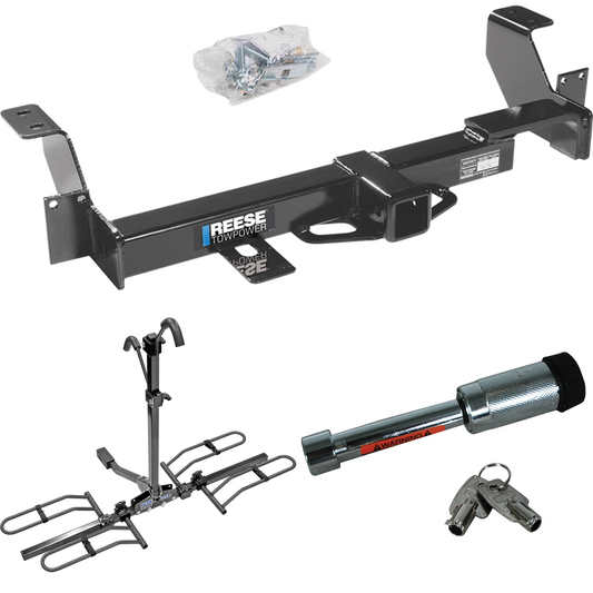 Fits 2001-2005 Pontiac Aztek Trailer Hitch Tow PKG w/ 2 Bike Plaform Style Carrier Rack + Hitch Lock By Reese Towpower