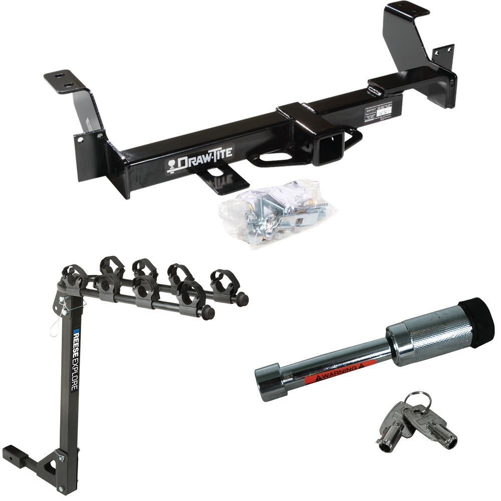 Fits 2001-2005 Pontiac Aztek Trailer Hitch Tow PKG w/ 4 Bike Carrier Rack + Hitch Lock By Draw-Tite