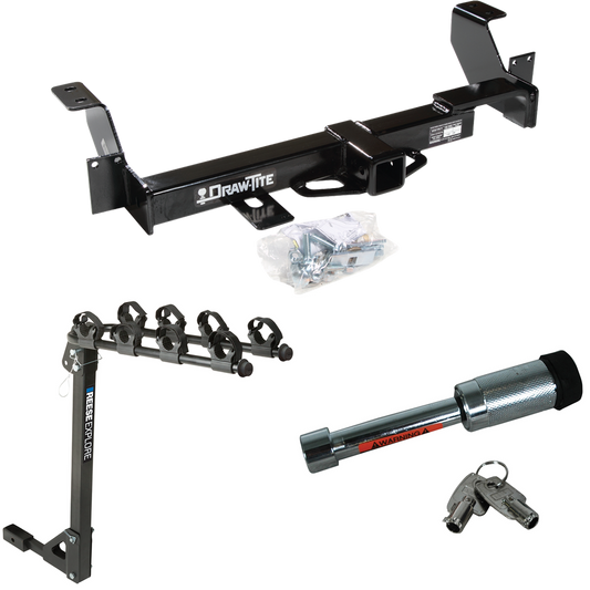 Fits 2001-2005 Pontiac Aztek Trailer Hitch Tow PKG w/ 4 Bike Carrier Rack + Hitch Lock By Draw-Tite