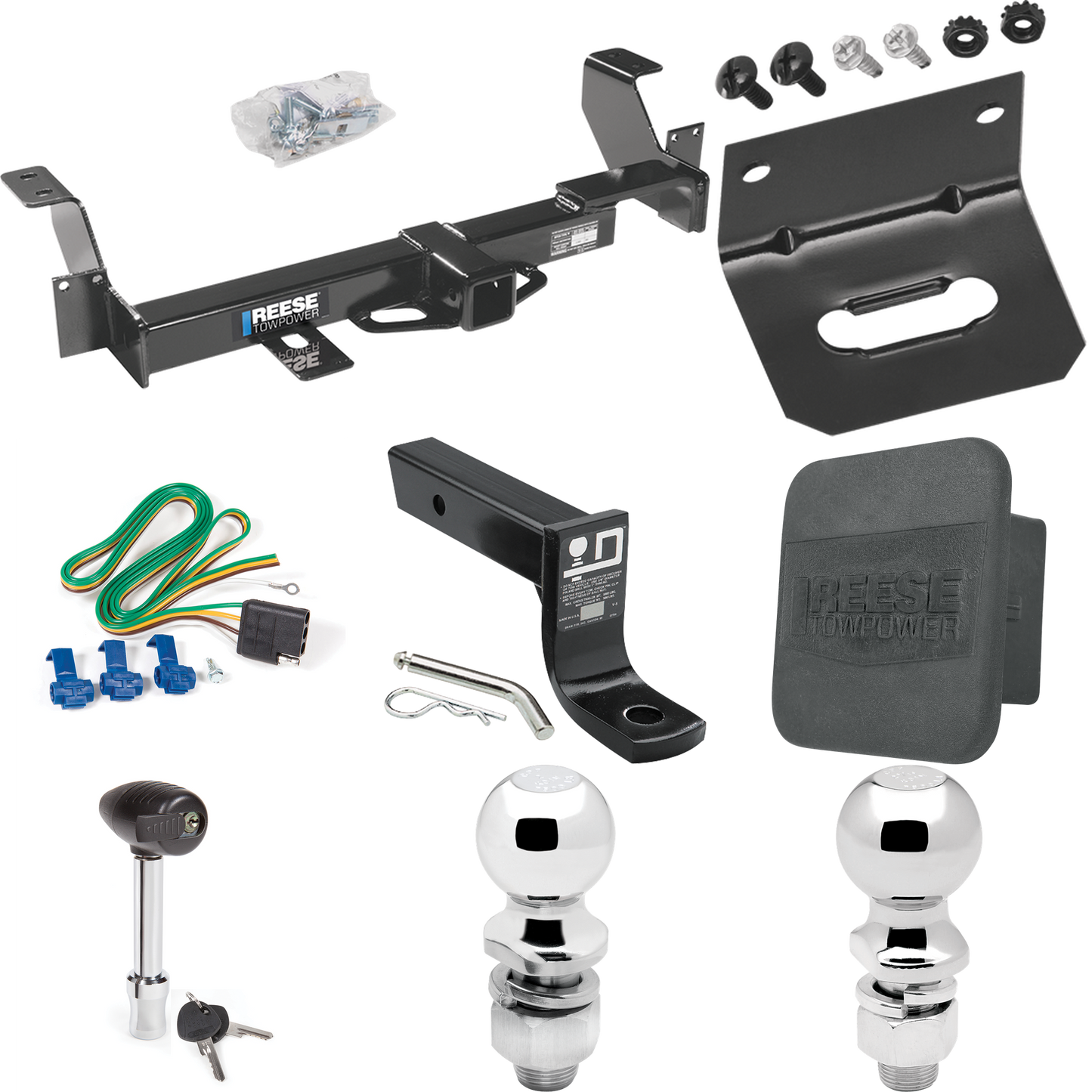 Fits 2001-2005 Pontiac Aztek Trailer Hitch Tow PKG w/ 4-Flat Wiring + Ball Mount w/ 4" Drop + 2" Ball + 2-5/16" Ball + Wiring Bracket + Hitch Lock + Hitch Cover By Reese Towpower