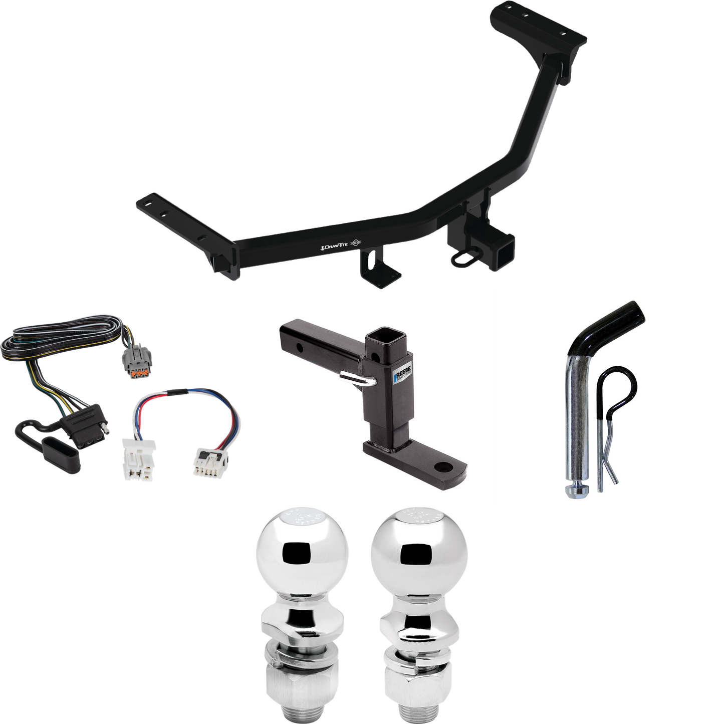 Fits 2022-2023 Nissan Pathfinder Trailer Hitch Tow PKG w/ 4-Flat Wiring + Adjustable Drop Rise Ball Mount + Pin/Clip + 2" Ball + 2-5/16" Ball By Draw-Tite