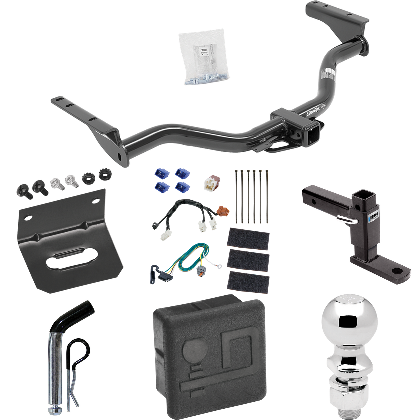 Fits 2014-2020 Infiniti QX60 Trailer Hitch Tow PKG w/ 4-Flat Wiring + Adjustable Drop Rise Ball Mount + Pin/Clip + 2-5/16" Ball + Wiring Bracket + Hitch Cover By Draw-Tite