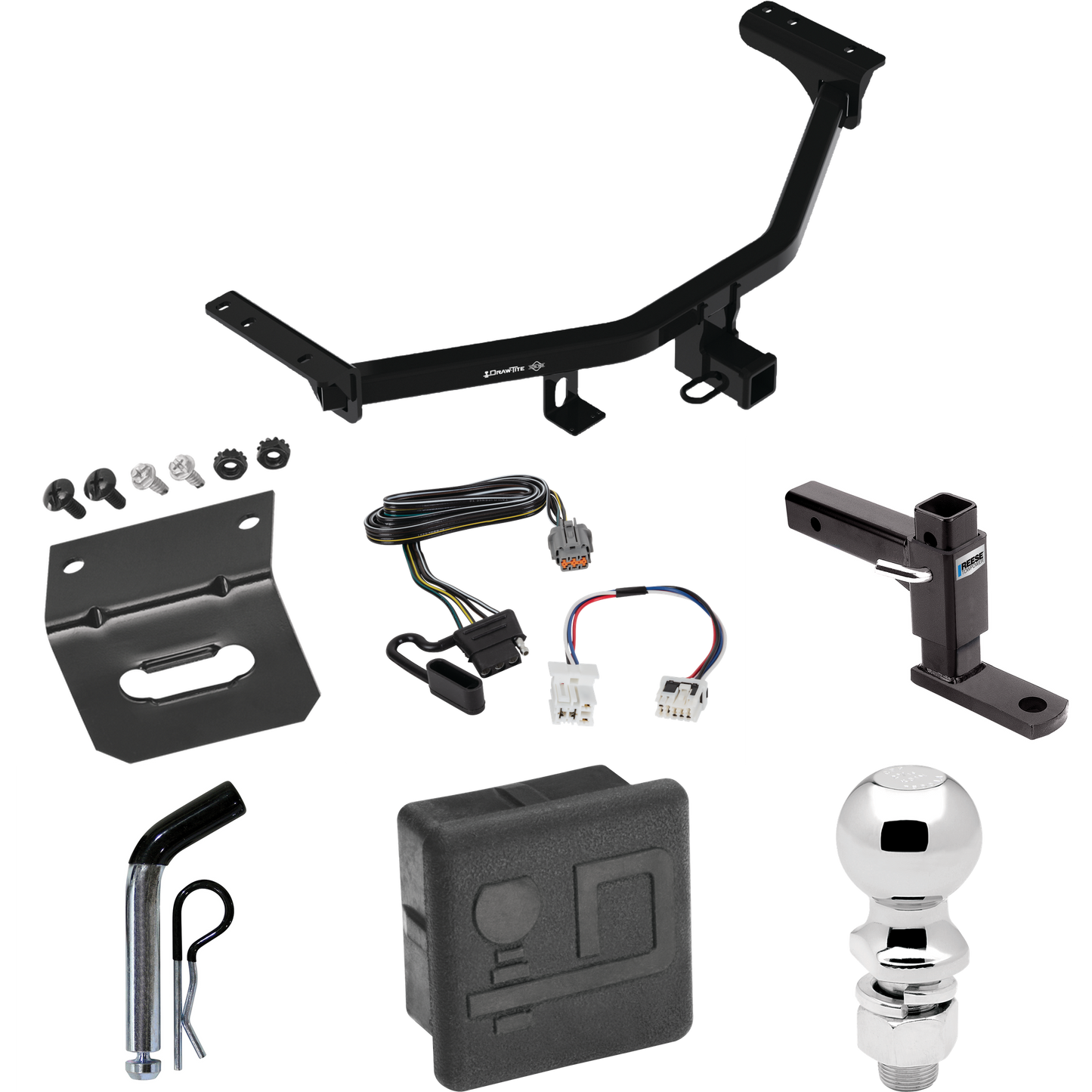 Fits 2022-2023 Nissan Pathfinder Trailer Hitch Tow PKG w/ 4-Flat Wiring + Adjustable Drop Rise Ball Mount + Pin/Clip + 2-5/16" Ball + Wiring Bracket + Hitch Cover By Draw-Tite