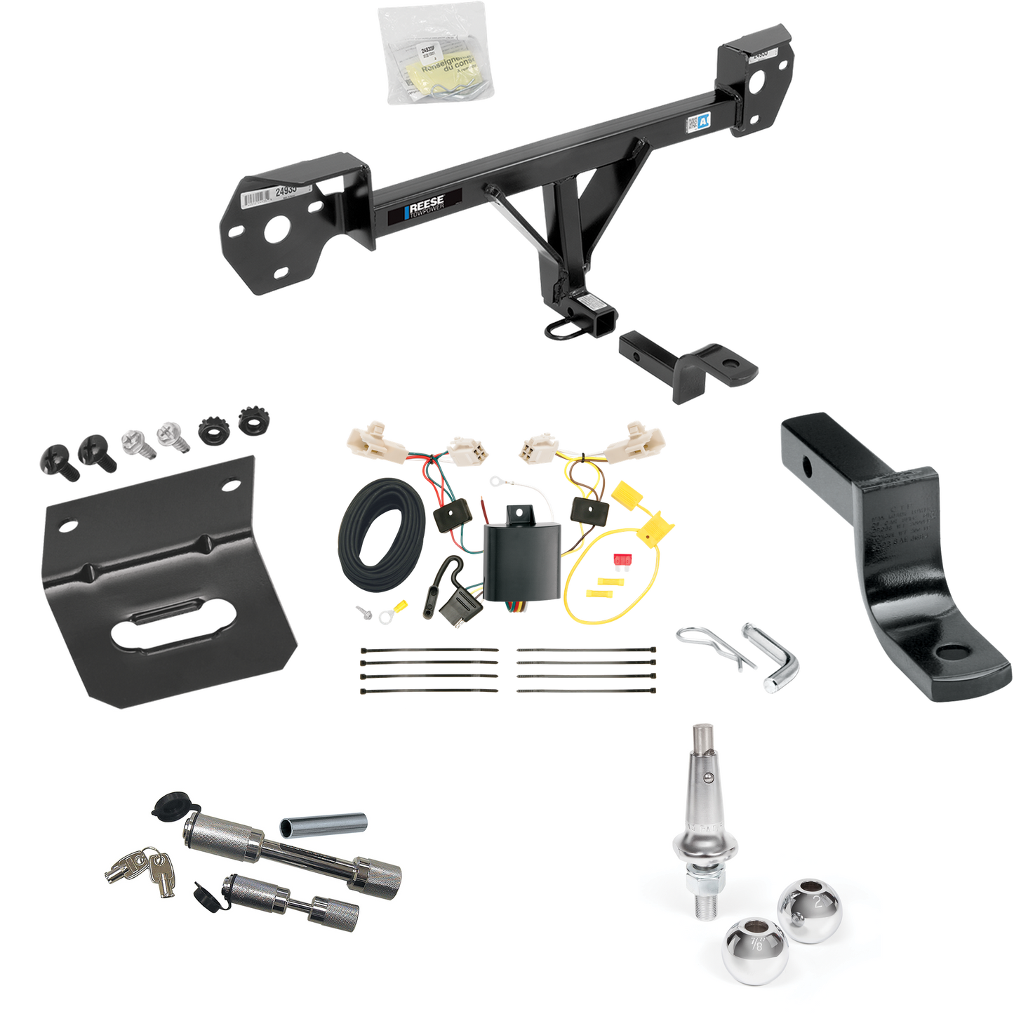 Fits 2013-2016 Scion FR-S Trailer Hitch Tow PKG w/ 4-Flat Wiring Harness + Draw-Bar + Interchangeable 1-7/8" & 2" Balls + Wiring Bracket + Dual Hitch & Coupler Locks By Reese Towpower