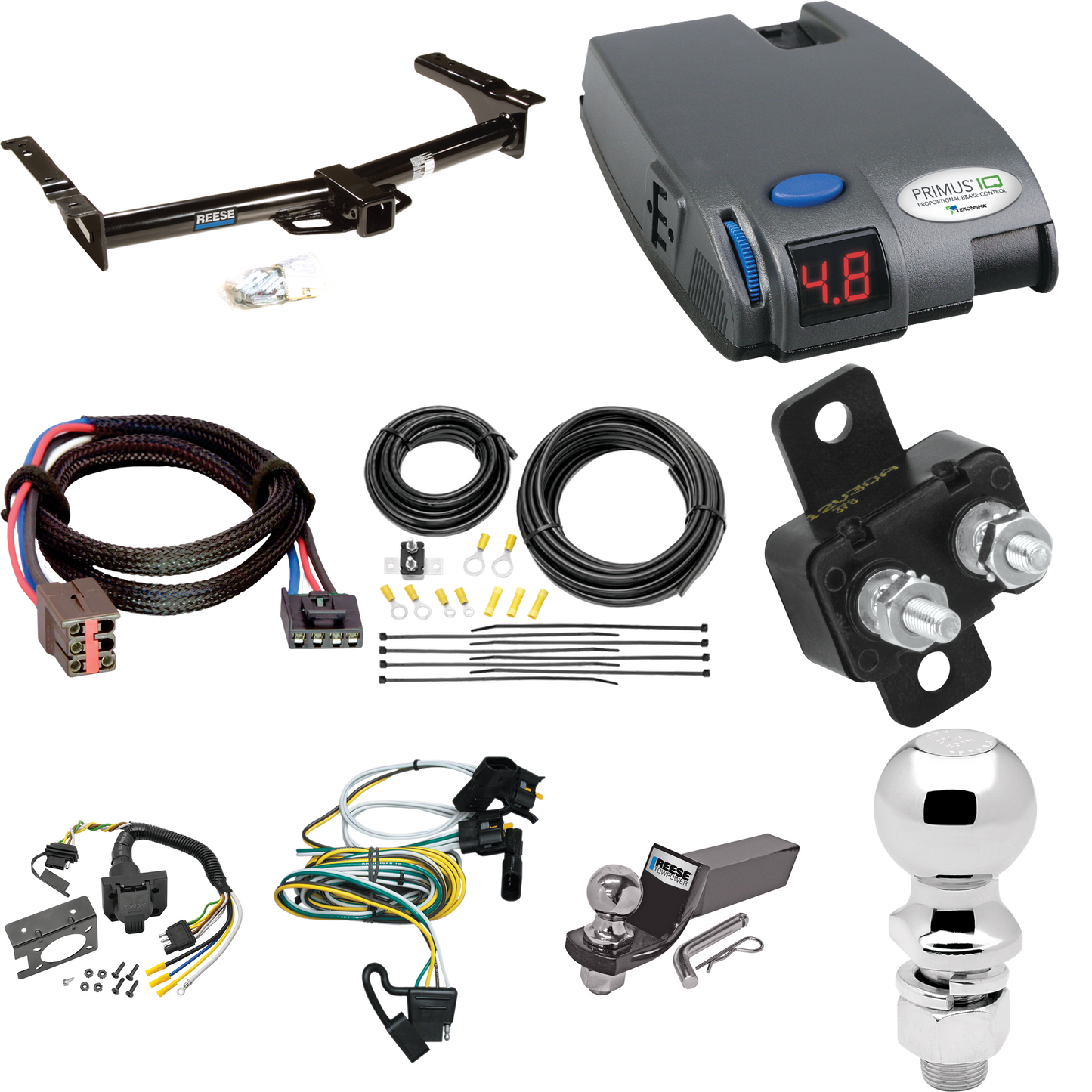 Se adapta al paquete de enganche de remolque Ford E-250 Econoline 1995-2002 con control de freno Tekonsha Primus IQ + adaptador BC Plug &amp; Play + cableado RV de 7 vías + soporte de bola y caída de 2" y 2-5/16" de Reese Towpower