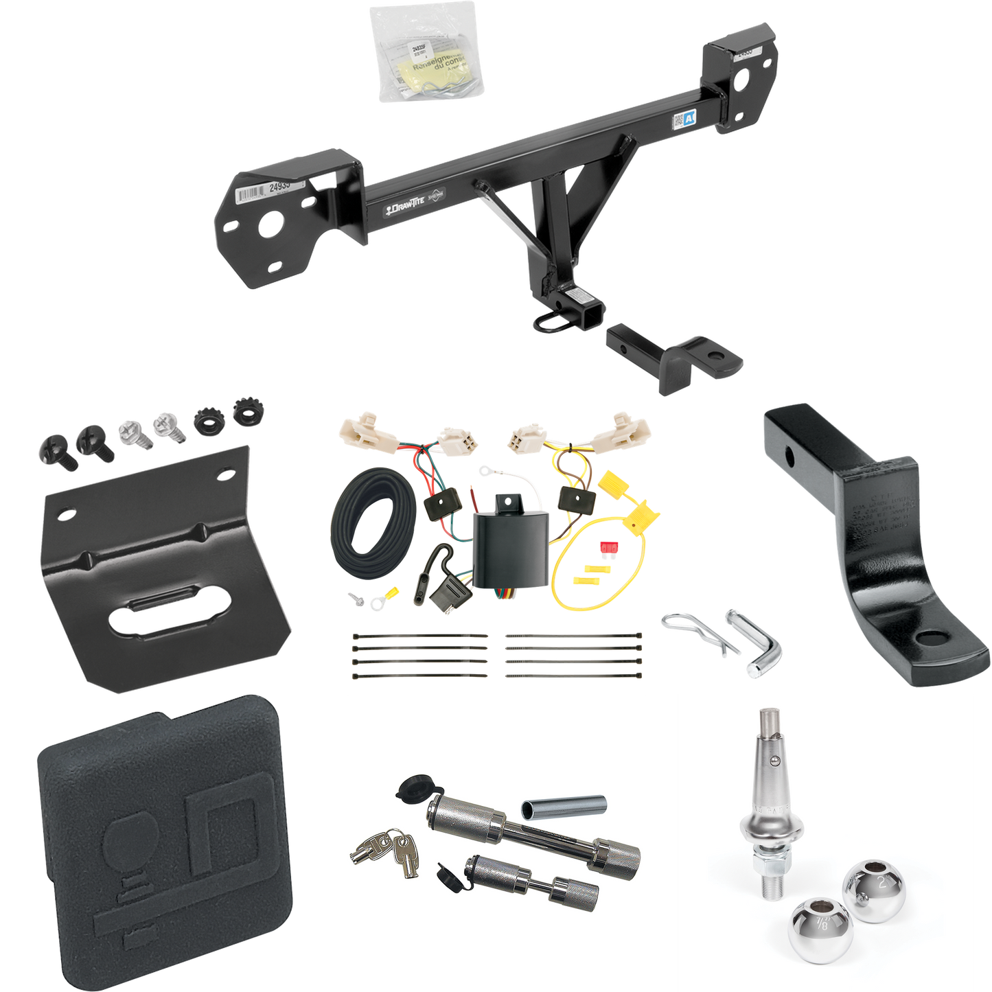 Fits 2013-2020 Subaru BRZ Trailer Hitch Tow PKG w/ 4-Flat Wiring Harness + Draw-Bar + Interchangeable 1-7/8" & 2" Balls + Wiring Bracket + Hitch Cover + Dual Hitch & Coupler Locks By Draw-Tite