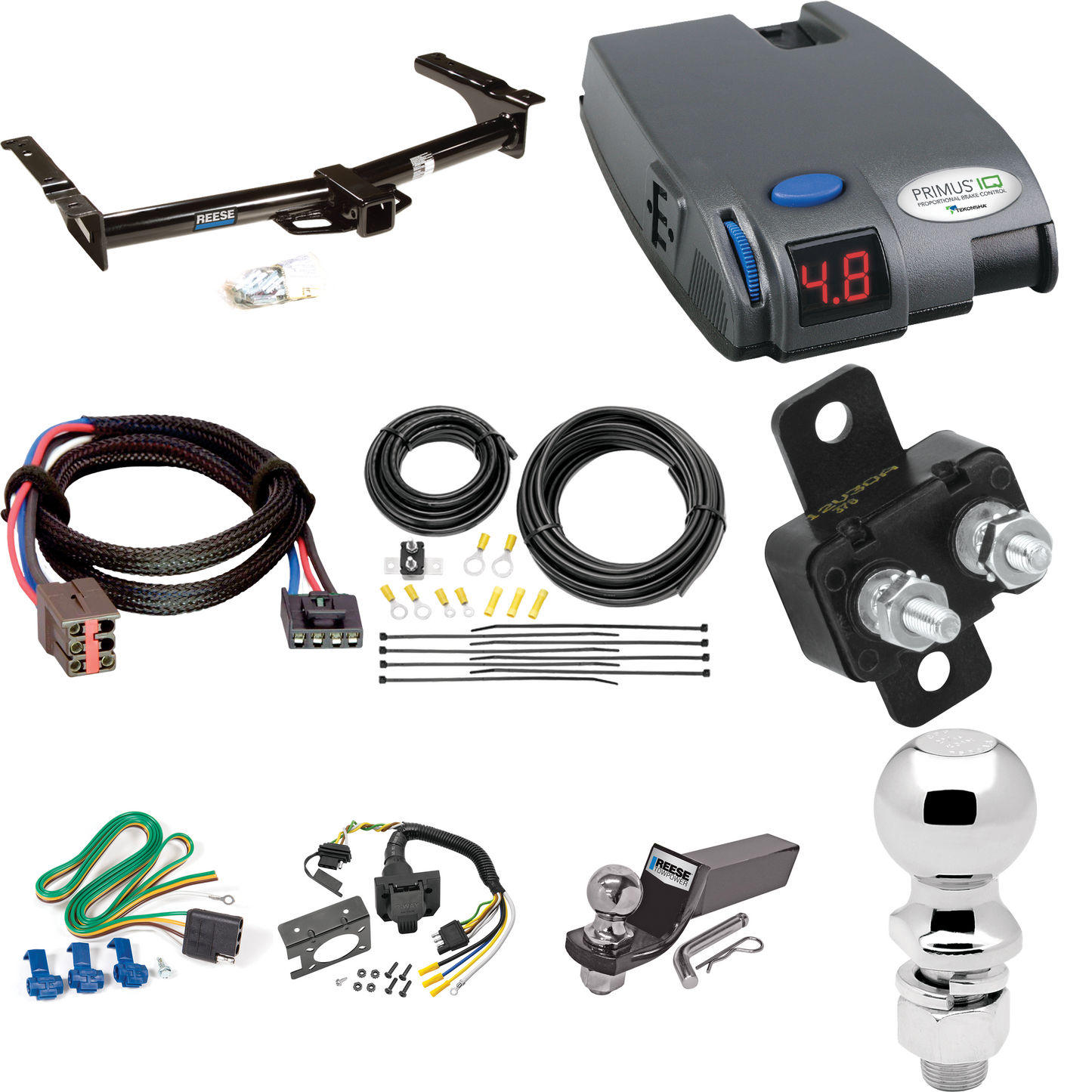 Se adapta al paquete de enganche para remolque Ford E-350 Econoline Super Duty 2003-2007 con control de freno Tekonsha Primus IQ + adaptador BC Plug &amp; Play + cableado RV de 7 vías + soporte de bola y caída de 2" y 2-5/16" de Reese potencia de remolque