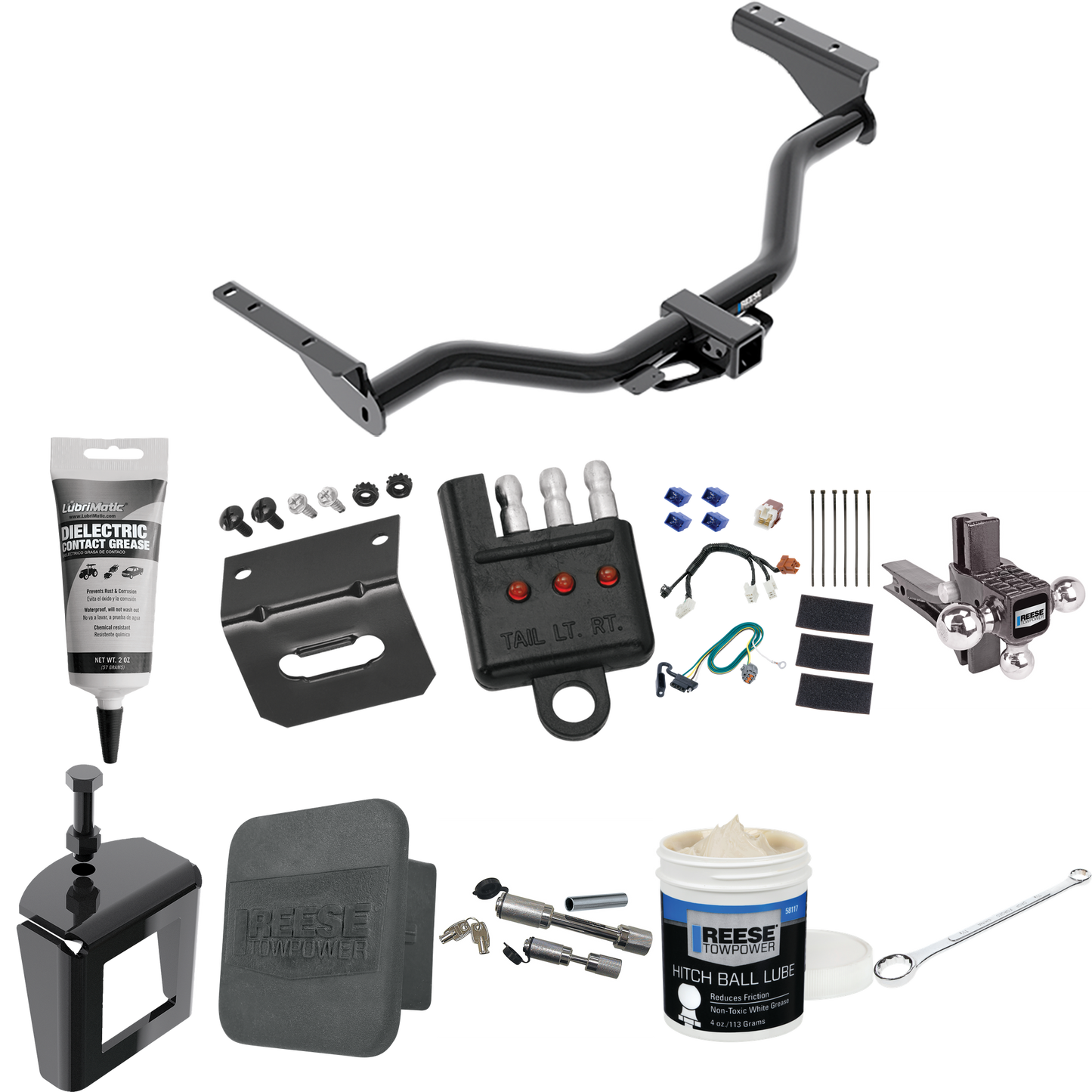 Fits 2014-2020 Infiniti QX60 Trailer Hitch Tow PKG w/ 4-Flat Wiring + Adjustable Drop Rise Triple Ball Ball Mount 1-7/8" & 2" & 2-5/16" Trailer Balls + Wiring Bracket + Hitch Cover + Dual Hitch & Coupler Locks + Wiring Tester + Ball Lube + Electric G